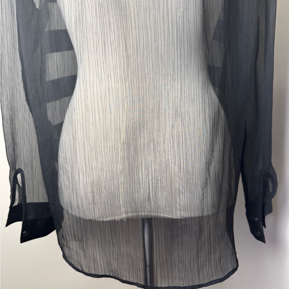 THE KOOPLES Sheer Button Front Striped Shirt w/ Accent Tie Collar BLACK / LARGE - Picture 9 of 15